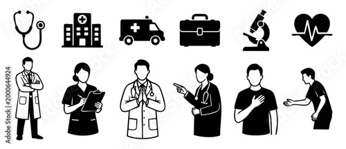 Medical icons and healthcare professionals set, flat black vector illustrations of doctors, nurses, hospital equipment, stethoscope and diagnostic symbols for clinical dashboard or web interface desig