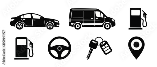 Transportation Icons Set: Car, Van, Gas Station, Steering Wheel, Keys, and Location Pin for Automotive Design, Navigation, Logistics, Fueling, and Travel Concepts in a Clean Minimalist Black Vector St
