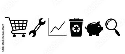 Business Icon Set Shopping Wrench Graph Recycle Piggy Bank Search for Web Design and App Interface Development, Minimalist Black Graphic Symbols Vector Collection for UI UX Digital Marketing Projects.