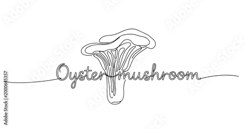 Continuous line drawing of oyster mushroom with text on white background. No editable strokes