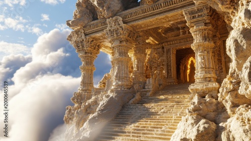 Ancient stone temple carved into misty mountains with intricate patterns and golden light creating a mystical and timeless atmosphere