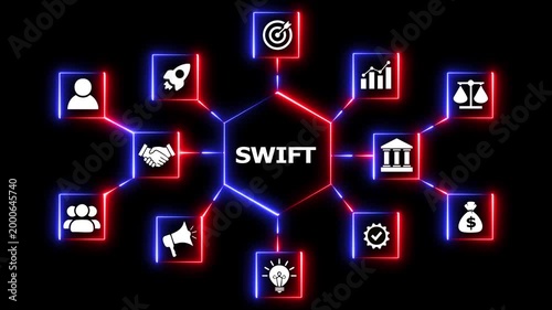 Swift global finance network digital infographic app. Digital network infographic showing swift communication system with glowing icons for business and finance management data.