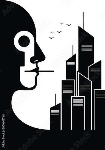 Surrealist black and white illustration a face overlooking a cityscape with flying birds