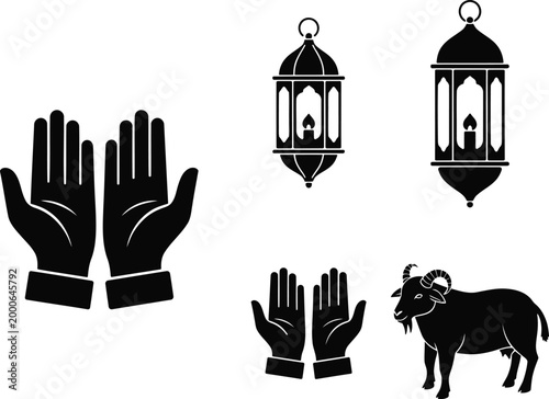 Eid al adha symbolic representation hands lanterns and a goat in silhouette style