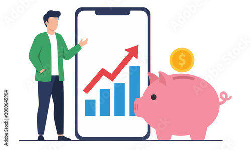 Man Tracking Financial Growth on Smartphone with Piggy Bank