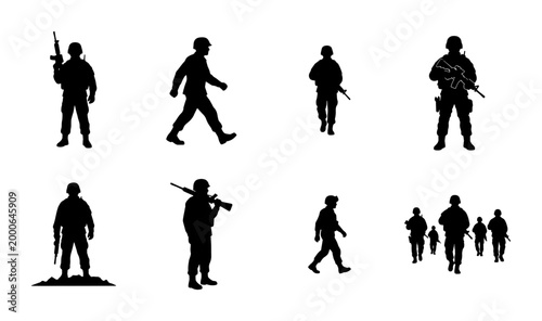 Photos Military soldier silhouettes set, armed infantry troops in combat poses, tactica