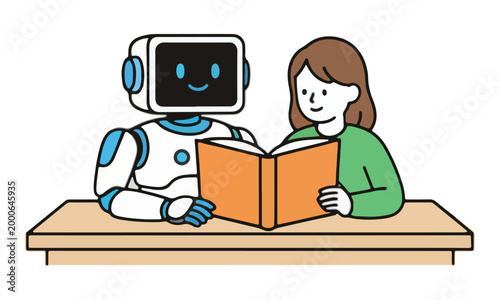 Robot and Girl Reading Book Together at Desk Illustration