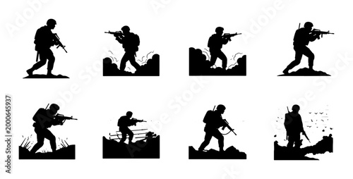 Bild auf Leinwand Military soldier silhouettes set, 8 tactical infantry vector icons, armed specia
