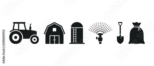 Farming Icons Set Tractor Barn Silo Sprinkler Shovel Sack Agriculture Equipment Vector Symbols Collection for Farm Business Branding Web Design and Rural Industry Graphic Elements Isolated on White Ba