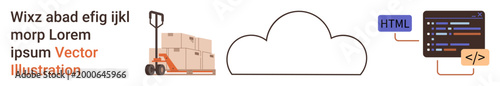 Cloud computing, logistics operations, web development, data synchronization, coding, e-commerce. Forklift with boxes, cloud icon coding interface. Cloud computing and logistics operations concept