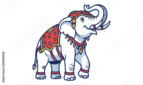 White Elephant Mascot with Traditional Harness and Raised Trunk