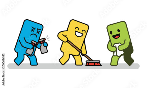 Cartoon Character Team Cleaning with Broom and Spray Bottle Vector