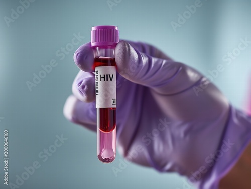 A hand in a glove holding a test tube filled with blood labeled 