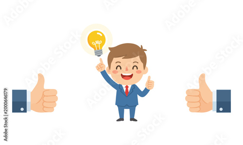 Businessman pointing to Light Bulb with Thumbs Up Gesture