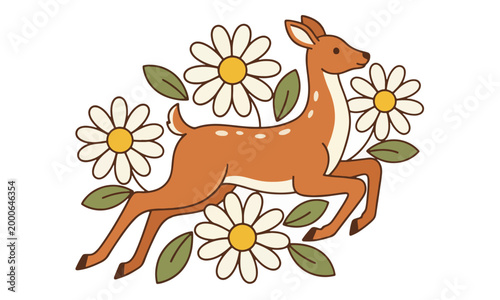 Jumping Deer with Daisies and Floral Elements Vector