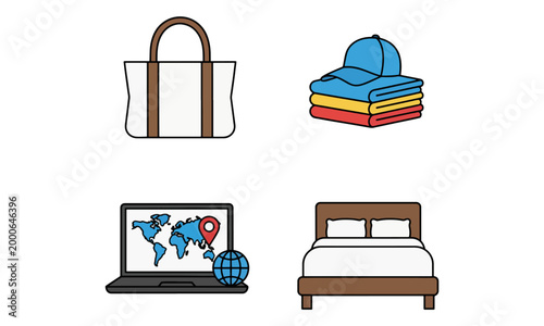 Travel planning icon set with bag, clothing, laptop and bed