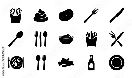 Canvas Print Minimalist potato and cutlery icon set, 15 black solid vector symbols of french