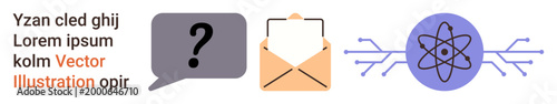 Communication tools, data science, email, problem solving, education, AI technology. Speech bubble with question mark, email envelope atom with connected circuits. Communication and data science