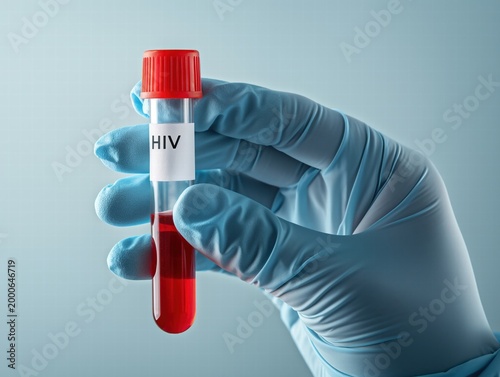 A hand in a glove holding a test tube filled with blood labeled 