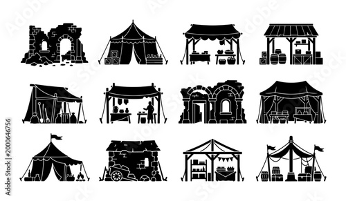 Φωτογραφία Medieval market stalls and village tents silhouette set, 12 historical building
