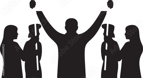 Business success celebration vector silhouette of professional team with leader raising hands for achievement, group of people cheering together, teamwork victory and leadership concept, isolated.