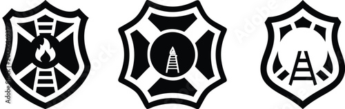 Set of Firefighter Department Emblems with Ladder and Flame Symbols