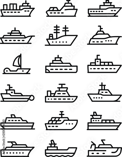Ship line icons featuring cargo vessel, marine transport, sailing, shipping symbols in clean editable outline vector style