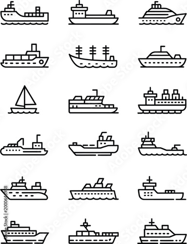 Ship line icons including cruise liner, cargo ship, boat transport, nautical navigation symbols for modern design use