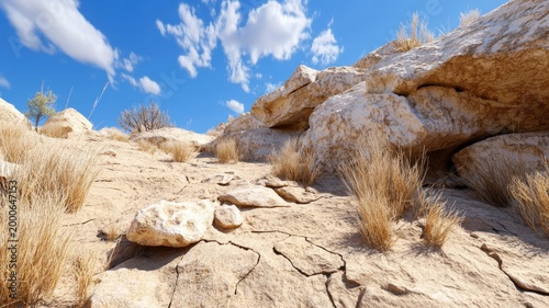 Arid 3d desert with stone outcrops and sparse vegetation, ancient erosion layers, dust particles catching the sun