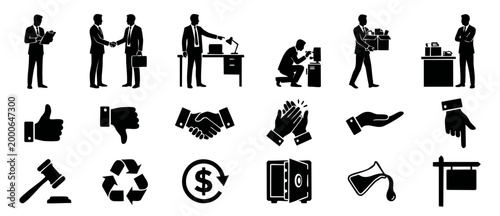 Business People Icons Set for Corporate Projects and Web Design, Professional Businessman Silhouettes with Hand Gestures and Financial Symbols for Marketing Materials, Infographics, and UI Interface A