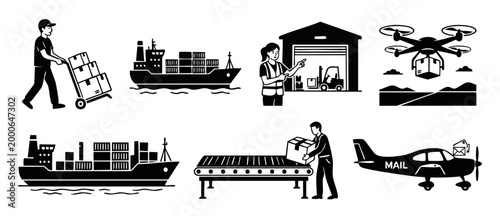 Logistics and shipping icons set with warehouse workers, cargo ships, delivery drones and airplanes. Flat black vector illustrations for supply chain management, transportation services, and e-commerc