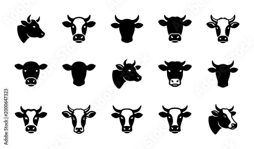 Foto Minimalist cow head icons set, 15 black bull and heifer vector silhouettes, farm