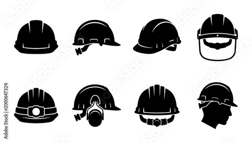 Foto Industrial hard hat icons set, construction safety helmet vector collection, pro