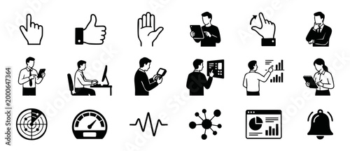 Business People Icons Set with Technology Symbols and Hand Gestures for User Interface Design and Web Development UX, Professional Corporate Infographic Elements and Digital Management Vector Graphics
