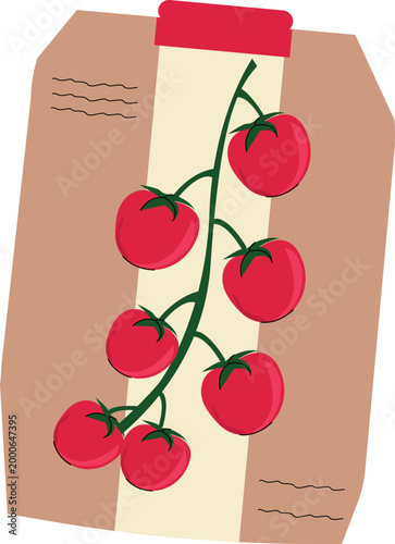 Red Cherry Tomatoes Packaging Vector Illustration – Organic Vegetable Seed Bag with Fresh Tomato Branch, Eco Food Design on transparent background.
