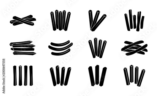 Photos Black licorice stick icons set, sweet candy poles in various arrangements, 12 ve