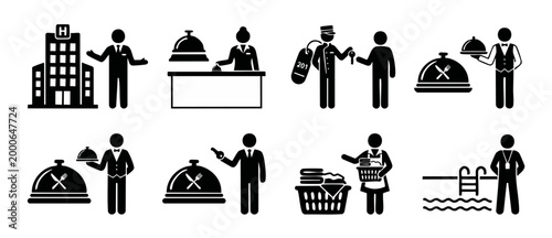 Hotel Services Icons Set, Hospitality Staff Person Pictograms for Reception, Room Service, Concierge and Cleaning Tasks in Black and White Flat Design for Travel Industry and Accommodation Management
