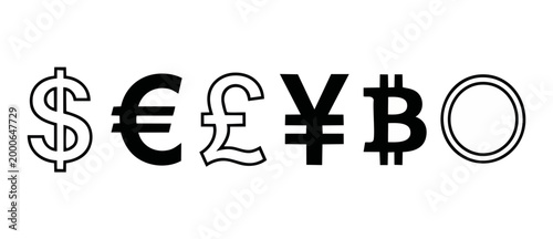 Currency Symbols Set: Dollar, Euro, Pound, Yen, Bitcoin and Circle Icon on White Background. Financial icons collection for banking, trading, exchange rate and global digital payment concept design.