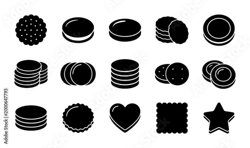 Foto Minimalist cookie icon set, black silhouette biscuit symbols, 15 sweet snack vec