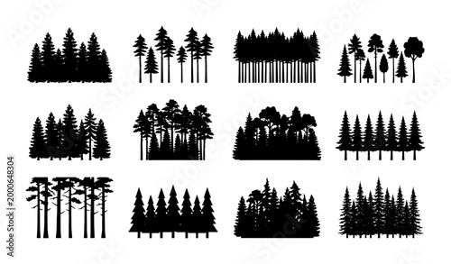Billede på lærred Diverse Forest Silhouettes Collection, Evergreen Trees Vector Pack, Pine Woodlan
