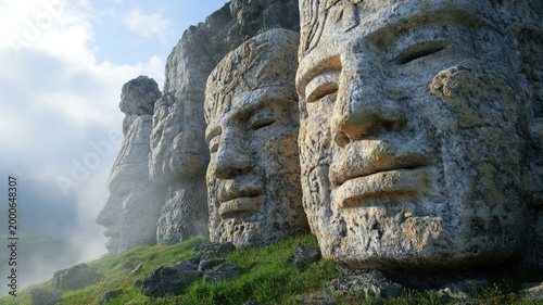 Ancient mountain pass guarded by colossal statues of forgotten deities in thick fog