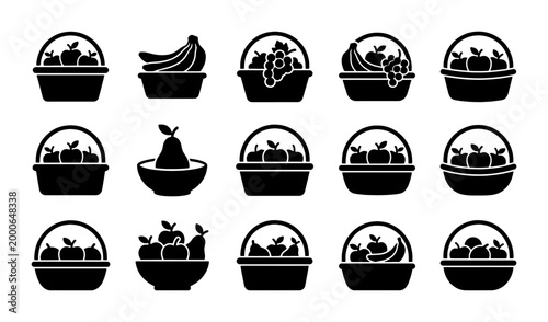 Photos Minimalist fruit basket icons set, black silhouette fruit bowls and hampers, 15