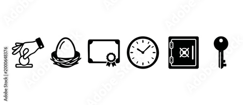Financial Planning Icons Set: Savings, Retirement, Investment, Time, Security, and Key Success Symbols. Professional business flat vector illustrations for wealth management, banking, and strategic gr