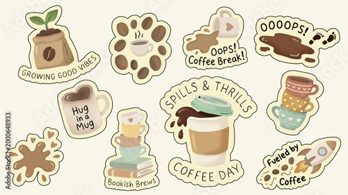 Cute Coffee Lover Sticker Set with Quotes, Hand Drawn Coffee Spills and Cozy Illustration.