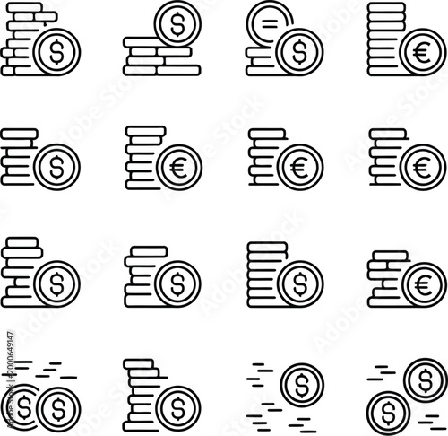 Coin line icons featuring currency, money, finance, banking symbols in clean editable outline vector style
