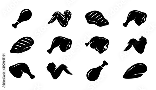 Photos Black chicken meat icons set, 12 poultry part silhouettes including wings and dr