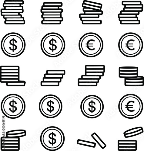 Coin line icons including cash, payment, digital currency, financial transaction symbols for modern interface design