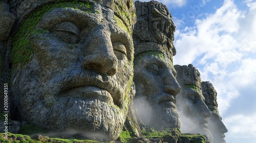 Colossal statues of forgotten deities guard an ancient mountain pass cloaked in thick fog, their worn stone faces peering over the silent valley