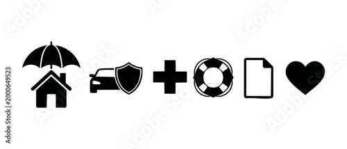 Insurance policy icons set, home car health safety symbols representing financial security, life protection, and risk management concepts for professional business services and comprehensive coverage