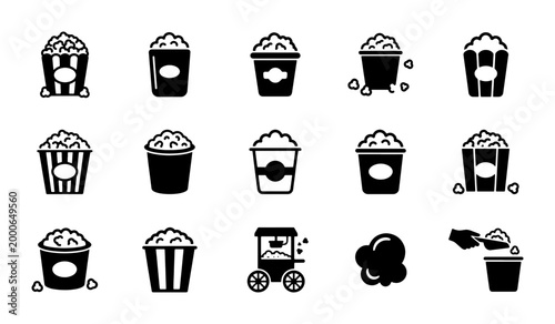 Fotografie Popcorn Icons Set: Cinema Snack Vector Graphics, Movie Theater Treat Collection,
